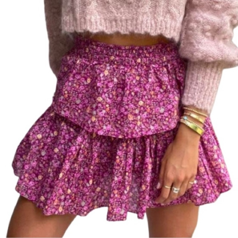 LoveShackFancy Autumn Fall Ruffle Mini Skirt Burgundy Pink Floral NWT